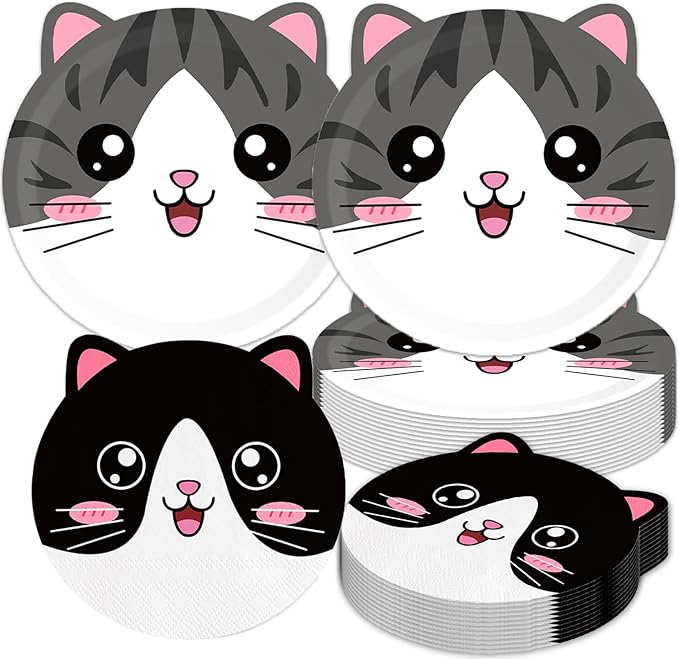 Egami 40pcs Cat birthday Party Decoration,include 20 dessert plate, 20 Napkin,Used for kitten birthday Party Supplies
