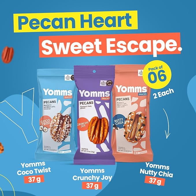 Yomms Pecan Halves Variety Pack – Low Sugar Healthy Dessert Snack | 3 Flavors - Coco Twist, Nutty Chia, Crunchy Joy | Sweet Coconut & Crunchy Pecan Snack | Roasted Mixed Nuts | 1.3oz Each | 2 Pack of Each Flavor | 6 Total
