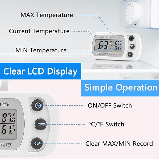Lasubst Digital Refrigerator Thermometer 2 Pack for Fridge Freezer Cooler Waterproof, White