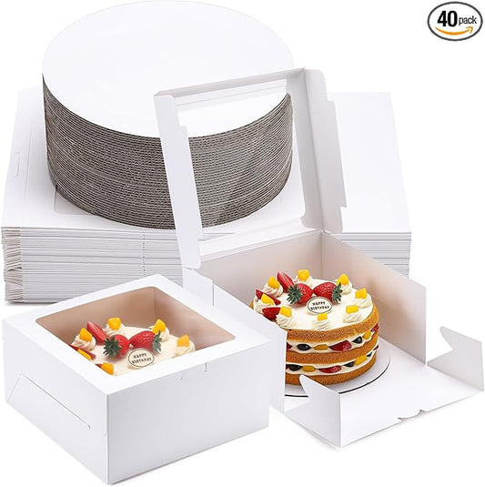 80 Pcs 10x10x5 Inch Cake Boxes 40pcs Bakery Boxes with Window and 40pcs Cake Boards Disposable Cakes Containers for Cookies Pies Cupcakes Dessert Pastry Xmas Party