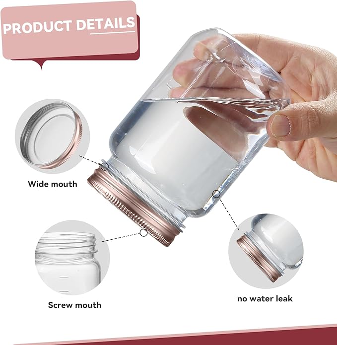 novelinks 16 oz Clear Plastic Jars with Screw-On Lids - BPA-Free Refillable Storage Containers for Slime, Food, Crafts, Kitchen & Household Use (20 Pack,Rose Gold)