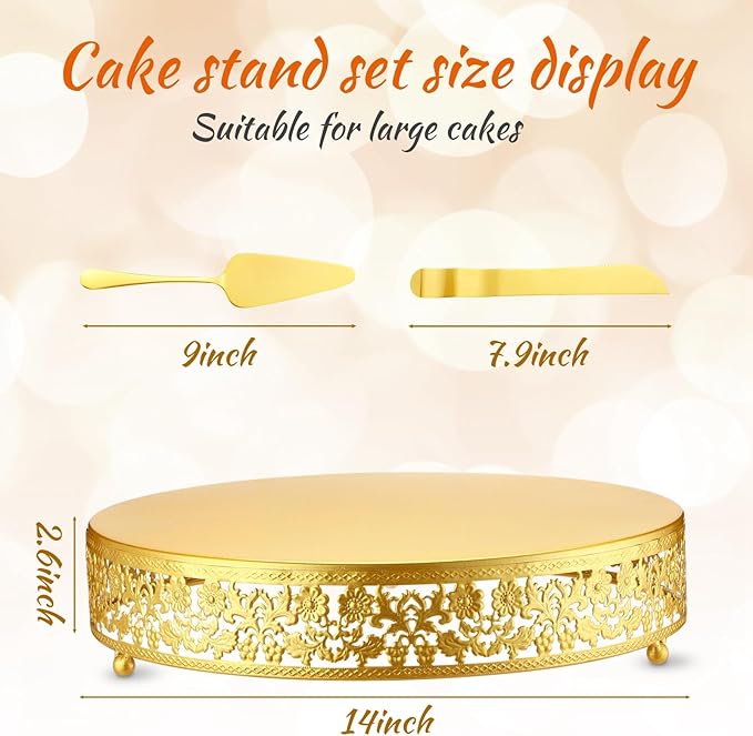 Wenqik 14 Inch Gold Metal Cake Stand Set Round Cupcake Dessert Stand with Cake Cutting & Spatula Candy Table Display for Party Wedding Birthday Baby Shower Housewarming Party Celebration