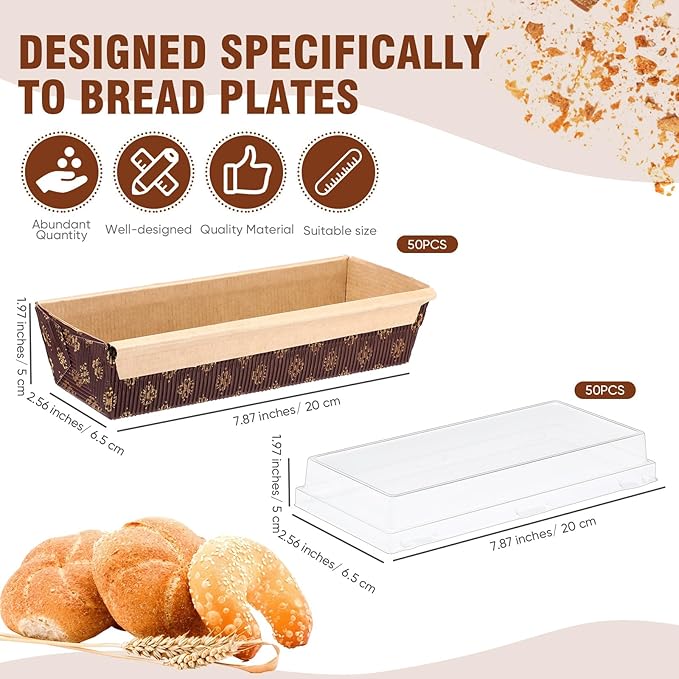 Sabary 50 Pcs Paper Baking Loaf Pan with Lids Disposable Paper Pans Mold for Birthday Graduation Wedding Halloween Thanksgiving Christmas Cake Bread Bakery Holiday Gifts(7.87 x 2.55 x 1.94 Inches)