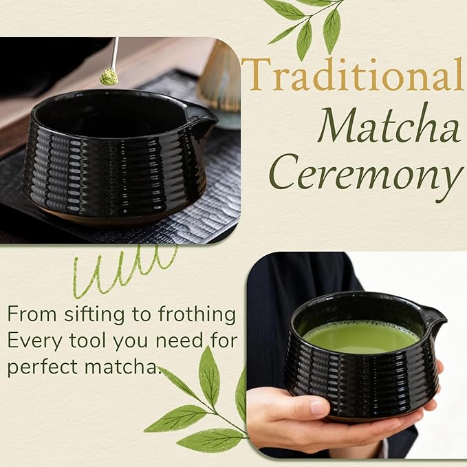 8 Pcs Matcha Whisk Set Chasen Matcha Whisk Bamboo Bowl with Spout Sifter Spoon Scoop Whisk Holder Bamboo Mat Complete Matcha Making Kit (Black)
