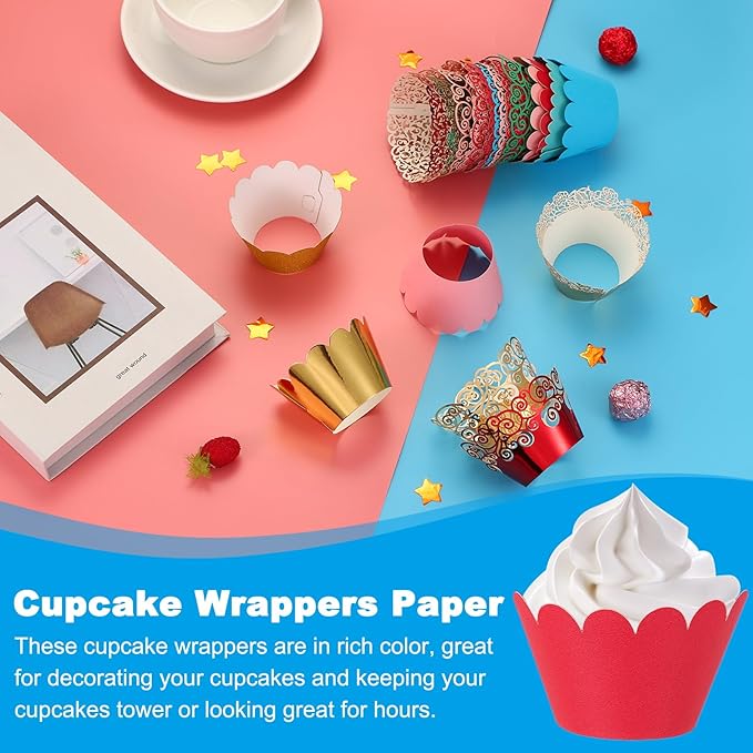PATIKIL Cupcake Wrappers Paper, 50 Pack Baking Cups Standard Wave Decoration for Anniversary Birthday Weddings Parties, Red