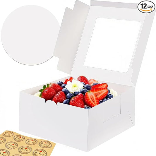 8x8x4 Inch Cake Box With Cake Boards, 12 Pack Easy To Assemble 8 Inch Bakery Boxes With Window, White Pastry Boxes For Baked Goods, Bakery Packaging For Charcuterie, Home Bakery Business Essentials