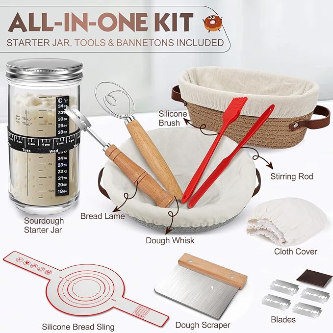Sourdough Starter Kit Banneton Bread Proofing Basket Set with 32oz Jar, Dough Whisk, Lame & More Cotton Blend Baking Supplies for Sourdough Bread