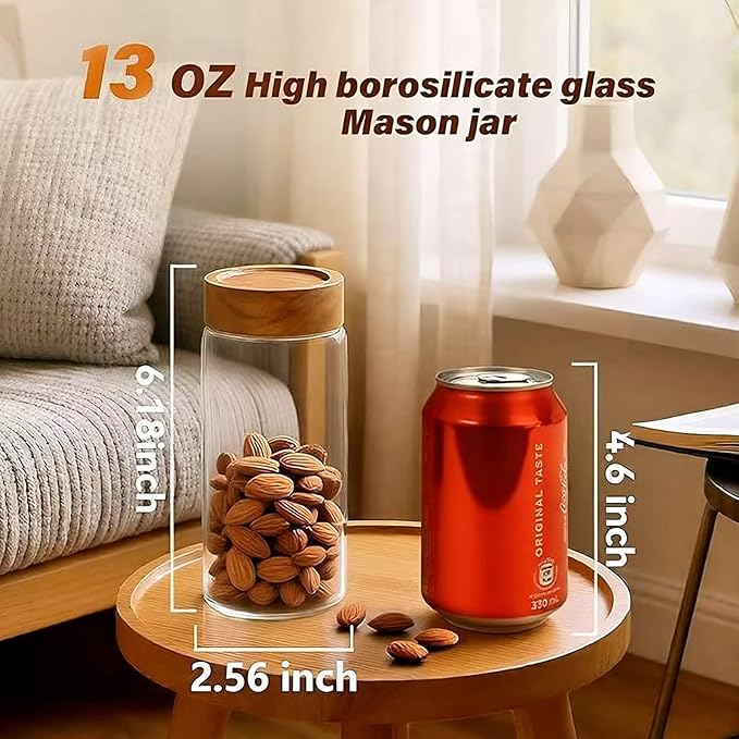6 -Piece 13 oz Food-Grade Glass Mason Jars with Acacia Wood Lids, Sealable Waterproof, Transparent Easily Stackable for Overnight Oats, Spice Storage & Snack Organizing