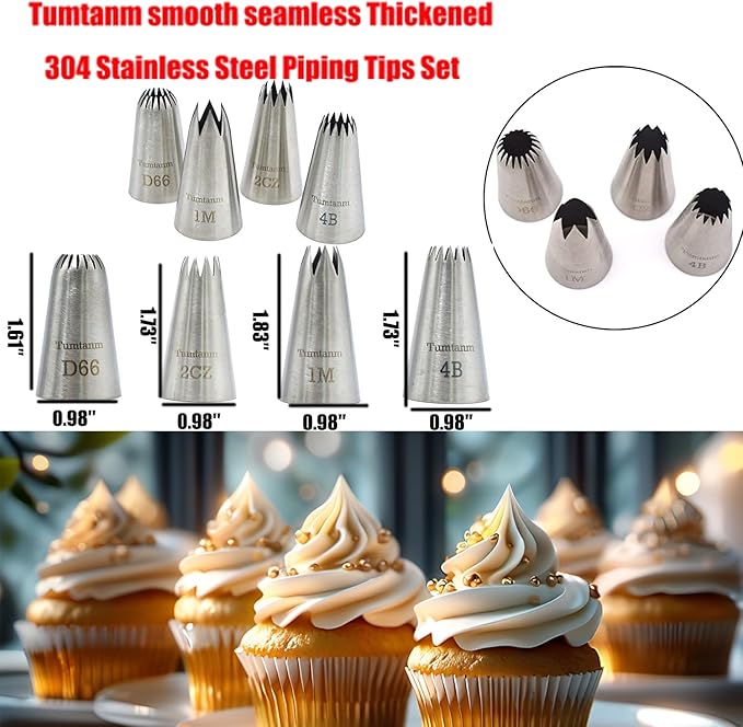 Large Piping Nozzles, 4Pcs #2CZ #D66#4B #1M Stainless Steel Seamless Icing Piping Nozzle Tip Set for Cupcakes and Baking