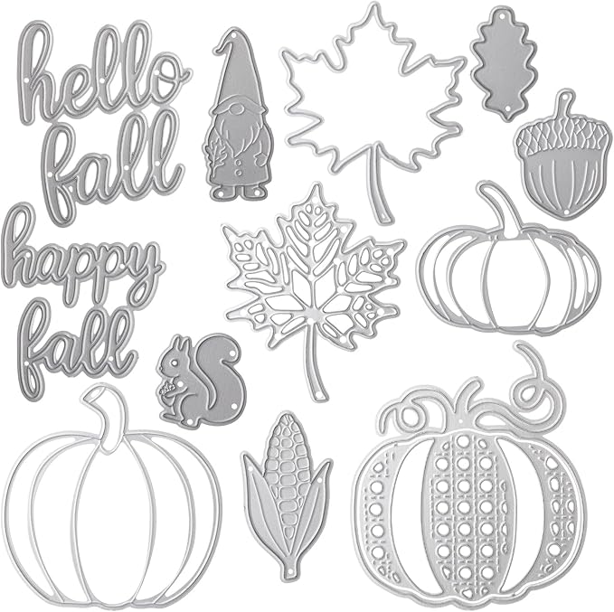 Otoolling 12 Pcs Thanksgiving Fall Metal Die Cuts for Card Making Hello Fall Maple Leaf Pumpkin Hazelnut Squirrel Corn Embossing Stencils for Autumn DIY Scrapbooking Craft Decorations