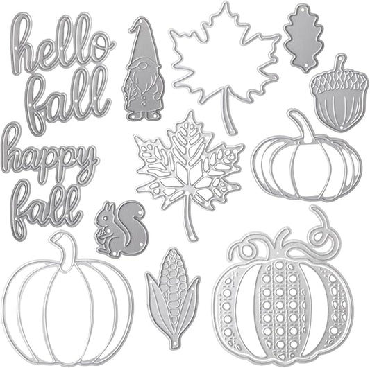 Otoolling 12 Pcs Thanksgiving Fall Metal Die Cuts for Card Making Hello Fall Maple Leaf Pumpkin Hazelnut Squirrel Corn Embossing Stencils for Autumn DIY Scrapbooking Craft Decorations