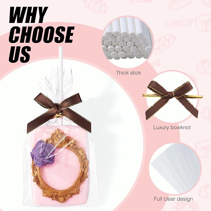 RomanticBaking 50 Sets Clear Rice Krispie Treat Bags with Brown Ribbon Bow and Stick & Flat Cellophane Clear Bags for Rice Krispie Treats Gift Giving Bag(Gold)