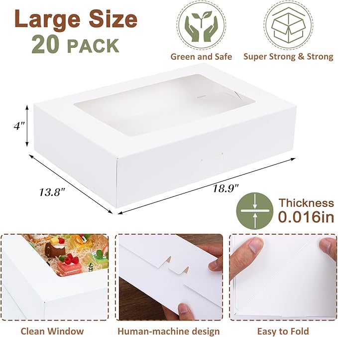 Moretoes 20pcs 19x14x4in Sheet Cake Boxes, White Rectangle Bakery Boxes with Window, for Cake Pastry Baking Donuts Cupcake Pie Packaging