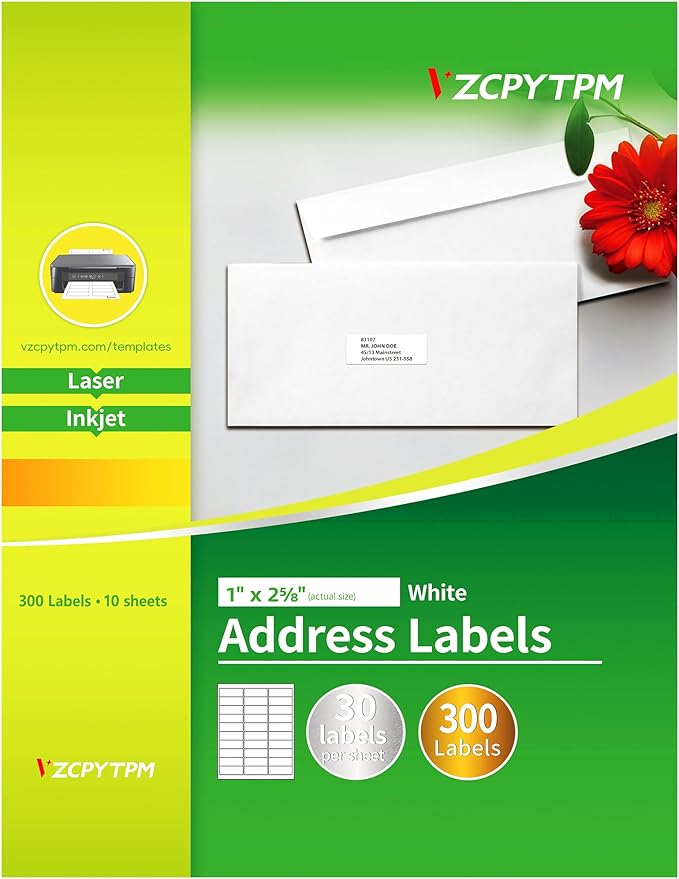 Printable Address Labels,1" x 2-5/8" Sticker for Printer,300 Blank Label,Personalized Mailing,Return Address,Name Tag,Envelope Stickers for School Supplies,Home,or Office Use
