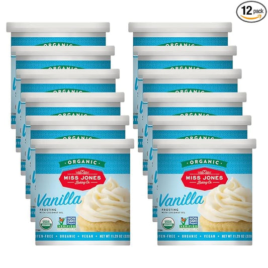 Miss Jones Baking Organic Buttercream Frosting, Perfect for Icing and Decorating, Vegan-Friendly: Vanilla (Pack of 12)