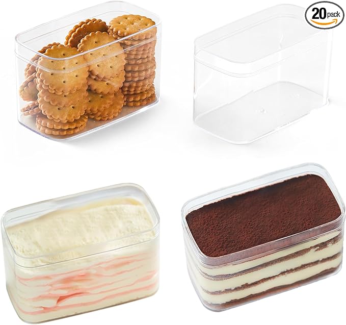 Plastic Rectangle Dessert Cups Boxes with Lids,Plastic clear packaging for baked,Cookie Tiramisu Containers for Fruit,Pudding,Mousse,Parfait Cups With Lids(20, Rect 4.6 * 2.4 * 2.7 IN-Boxes)