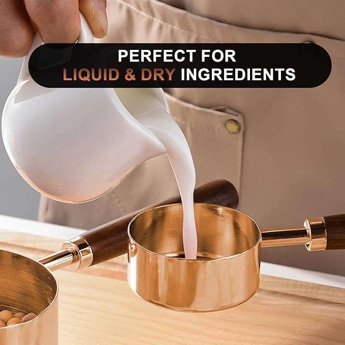 SHIKORI Gold Measuring Cups and Spoons Set with Wood Handles, Premium Stainless Steel Measuring Spoons and Measuring Cups Set, For Cooking and Baking in the Kitchen (Bronze)