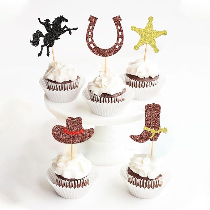 24pcs Cowboy Cupcake Toppers Glitter HorseShoe Cowboy Hats Boots Cupcake Picks Western Theme Baby Shower Boys Birthday Party Cake Decorations Supplies