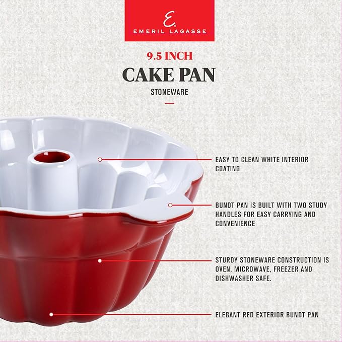 Emeril Lagasse Fluted Cake Pan Stoneware 9.5 in – Pound Cake Baking Pan, Perfect for Baking Delicious Cakes!