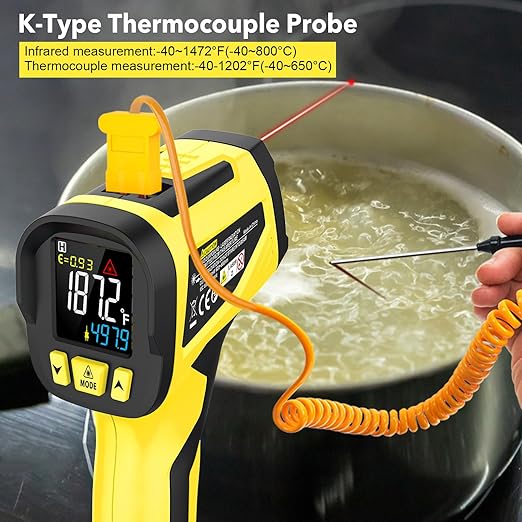 Infrared Thermometer Gun,-40°F to 1472°F,Digital Laser Temperature Gun with Thermocouple Probe,Non-Contact IR Temp Gun for Cooking, Pizza Oven, HVAC, Engine, Griddle, Adjustable Emissivity&MAX