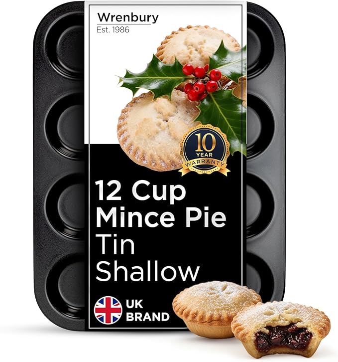 Wrenbury Pro 12 Cup Mince Pie Tin – Carbon Steel Mincemeat Baking Tray - Non Stick Shallow Muffin Pan for Patty Cakes and Jam Tarts