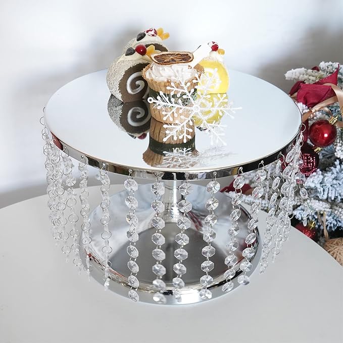 LANLONG Cake Stand for Dessert Table 12 Inch Silver Crystal Pendants Metal Cake Stand Serves as A Round Dessert Cupcake Display Plate for Table, Wedding, Party, Event