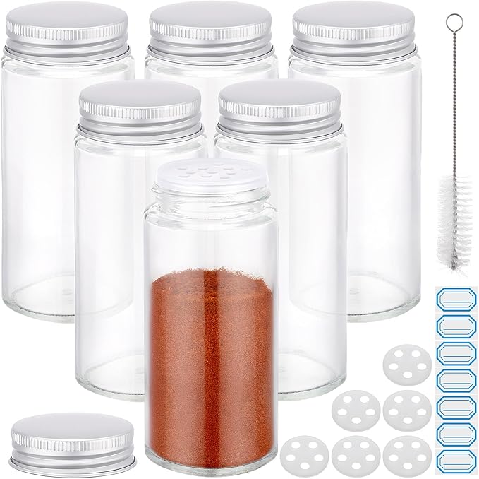 Segarty 4oz Spices Jars with Silver Aluminum Lid, 6PCS 120ml Round Spice Containers, Empty Glass Seasoning Organizer for Sugar Herb Cereals Storage, Salt and Pepper Bottles with 7 Stickers and 1 Brush