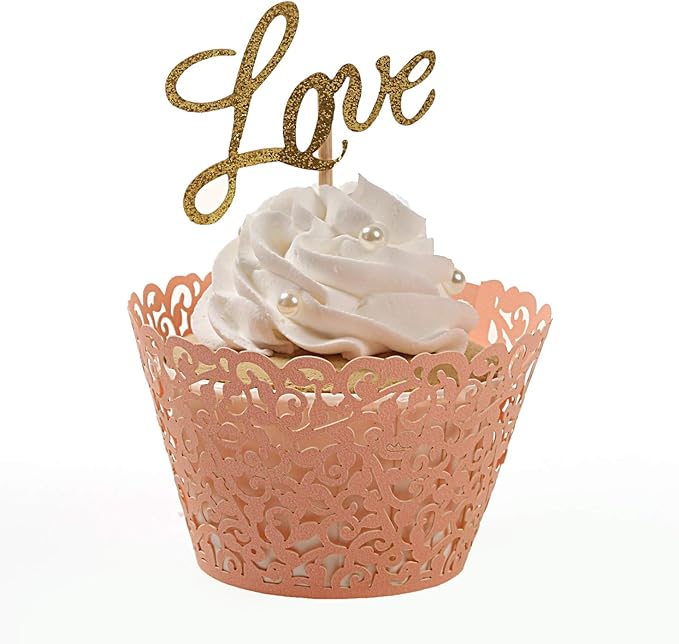 KPOSIYA Pack of 120 Cupcake Wrappers Artistic Bake Cake Paper Cups Vine Designed Laser Cut Cupcake Wraps Baking Cup Muffin Case Trays for Wedding Baby Shower Party Birthday Decoration (120, Pink)