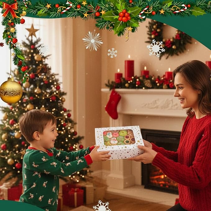 24Pcs Christmas Cookie Boxes with Window - Gold Foil Star Pastry Boxes for Gift Giving, Bakery Boxes, White Christmas Cookie Tins with Lids,Dessert, Donut, Baked Goods Packaging