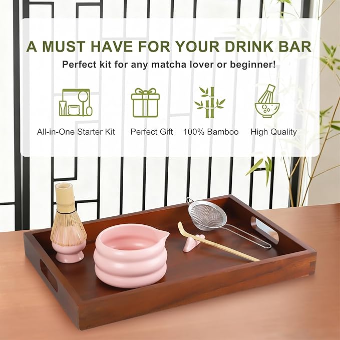 Pink Matcha Whisk Set, Ceramic Matcha Kit Set Includes Matcha Bowl, Matcha Whisk and Holder, Bamboo Scoop, Scoop Rest, Sifter and Tea Towel - 7 Pcs Matcha Kit for Matcha Lovers
