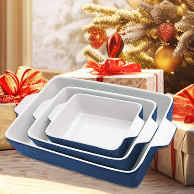Casserole Dishes for Oven, Ceramic Baking Dishes, Lasagna Pan with Handles, Porcelain Baking Pan Deep, Bakeware for Baking, Cooking, Wedding Gift, Set of 3 (11.6" x 7.8", Dark Blue)