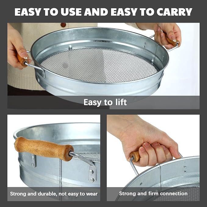 Soil Sifter for Gardening with 1, 3, 6, 9, 12 mm Sieve Mesh Compost Dirt Sifter with Handle Large Garden Sand Soil Rock Sieve 17.7" l x 13.8" W for Sand Rocks Pellet Gravel(Silver)