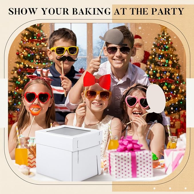 4 Sets Corrugated Cardboard Tall Cake Boxes for Tier Cake 14x14x12 Inch with Clear Window (4 Boxes + 4 Boards) Disposable Layer Bakery Container Carrier for Wedding Birthday Party Festival