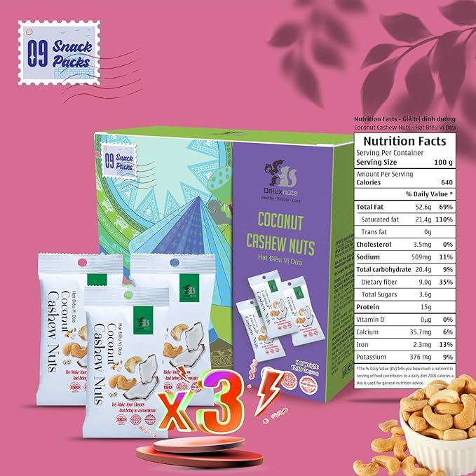 DELUXNUTS Roasted Coconut Cashews (9 Packs), Whole Cashew Nuts, Individual Packs, Healthy Snack for Kids & Adults, Good Source of Protein, Gluten-Free