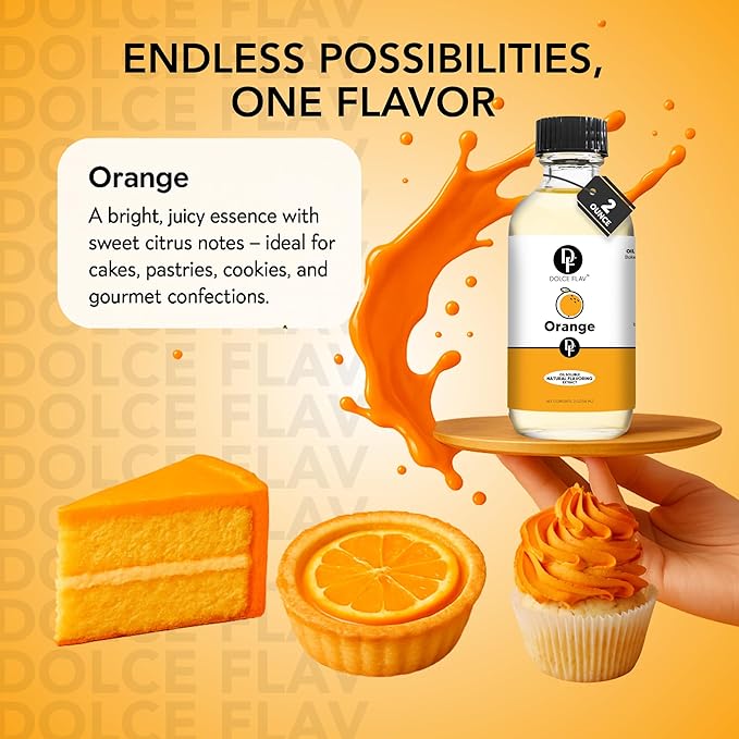 Dolce Flav Natural Orange Extract – 2 Ounce Oil-Soluble Kosher, Sugar-Free, Concentrated Citrus Flavor for Candy, Chocolates & Desserts, Includes Measured Dropper