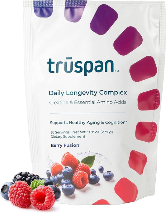 TruSpan Daily Longevity Complex Creatine Powder, with Essential Amino Acids, Sugar Free, Berry Fusion Flavor, 30 Servings