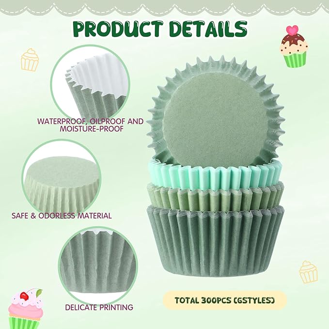 LemonRoad 300pcs Coated Paper Cupcake Liners for Baking Colorful Greaseproof Baking Cup for Muffin Dessert Candy Biscuit Cookies Brownie Wedding Birthday Party Baby Shower(Green,Round)