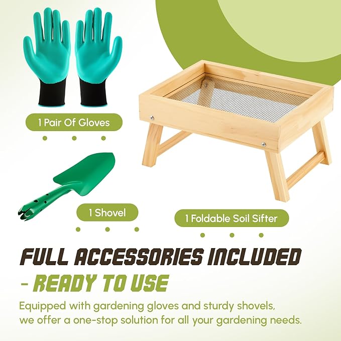 Vicenpal 15.8 x 11.8 Inches Soil Sifter Dirt Sifter with Folding Bracket for Garden Soils Wood Compost Sifters for Rocks Sieve with Shovel Glove Set Tool Screen Soil Peat Moss Leave Loam Sand Plant