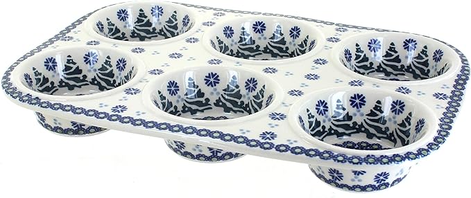 Blue Rose Polish Pottery - Blue Festive Fir Muffin Pan - 12.5" x 8.5" - Ceramic Baking Dish, 6-Cup Muffin & Cupcake Pan