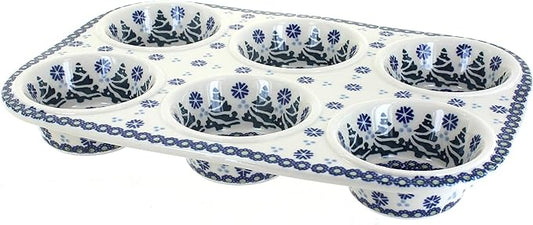 Blue Rose Polish Pottery - Blue Festive Fir Muffin Pan - 12.5" x 8.5" - Ceramic Baking Dish, 6-Cup Muffin & Cupcake Pan