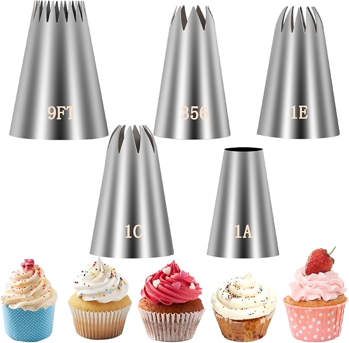 5Pcs Large Piping Tips Set Food Grade Stainless Steel Cake Decorating Tips Frosting Piping Kit for Cupcakes Cake Pastries Cookie Decorating Supplies Baking Set Tools (1A 1E 1C 9FT 356)