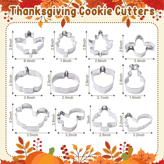 12 Pcs Fall Thanksgiving Cookie Cutter Set Stainless Steel Fall Leaves Cookie Cutter Set Pumpkin Maple Leaves Corn Shaped Baking Pie Crust Mold for Thanksgiving Autumn Harvest Party