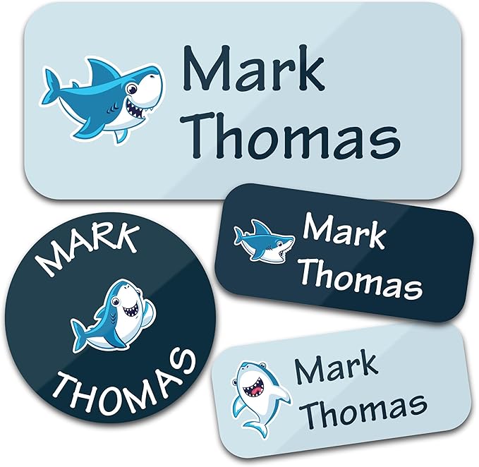 Personalized Daycare Name Labels for Kids (130 Labels) - Custom Waterproof Name Stickers for Clothing Tags, Water Bottles, Lunch Boxes and School Supplies (Sharks)