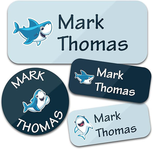 Personalized Daycare Name Labels for Kids (130 Labels) - Custom Waterproof Name Stickers for Clothing Tags, Water Bottles, Lunch Boxes and School Supplies (Sharks)