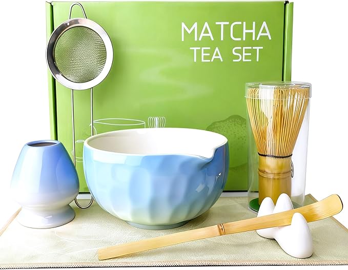 7-Pcs Matcha Whisk Set - Ceramic Matcha Set Includes Bowl,Whisk,Holder,Bamboo Scoop,Scoop Rest,Sifter & Tea Towel – Japanese Traditional Tea Kit for Beginners & Tea Lovers (Gradient Blue)