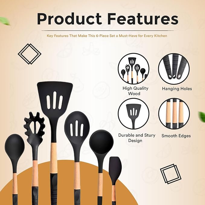 Kitchen Utensils Set, Special Edition with Silicon Handle, Silicone Cooking Tools, 6 Piece, Black, 12.9 Inch Length, Used for Cooking, Baking, Mixing, Serving