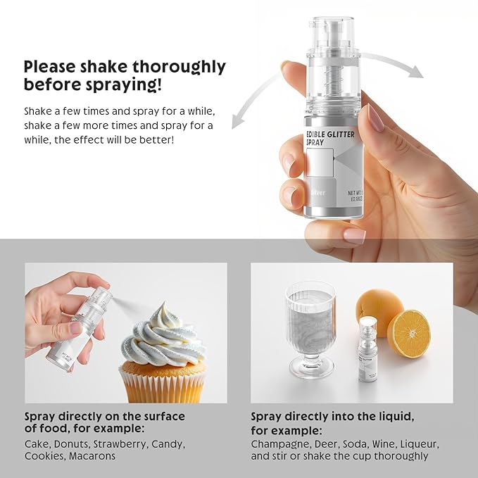 Edible Glitter Spray,Food Grade 5g Edible Glitter for Cake Decorating Desserts, Beverages, Cupcakes, Cake Pops and Cookies - Silver