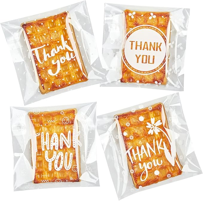Jutieuo 100pcs Self Adhesive Thank You Cookie Bags, 4x4 Inch Small Clear Cellophane Bags for Packaging, Party Favor, Bake Sale, Gift Giving