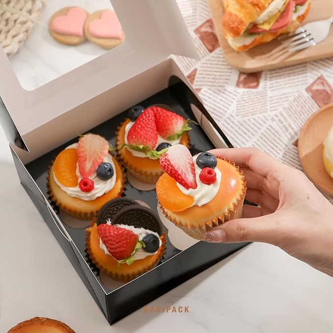 25 Black Cupcake Boxes, 4 Count Cupcake Containers with Window and Inserts, 6.3×6.3×3 Inches Cupcake Holders for Cupcakes, Muffins, Cookies, Desserts, Pastries