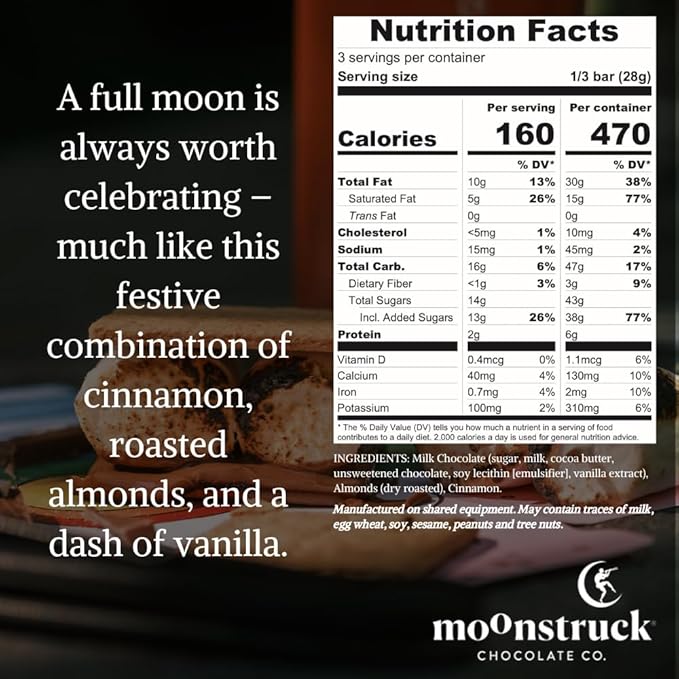 Moonstruck Chocolate Milk Chocolate Bar with Cinnamon Vanilla and Almond, 31% Cacao, 3.0oz (Pack of 4)